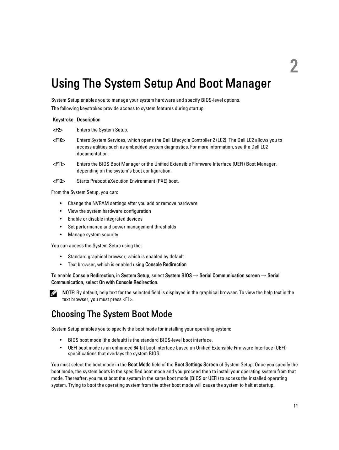 Dell QHB owner manual Choosing The System Boot Mode, Keystroke Description 