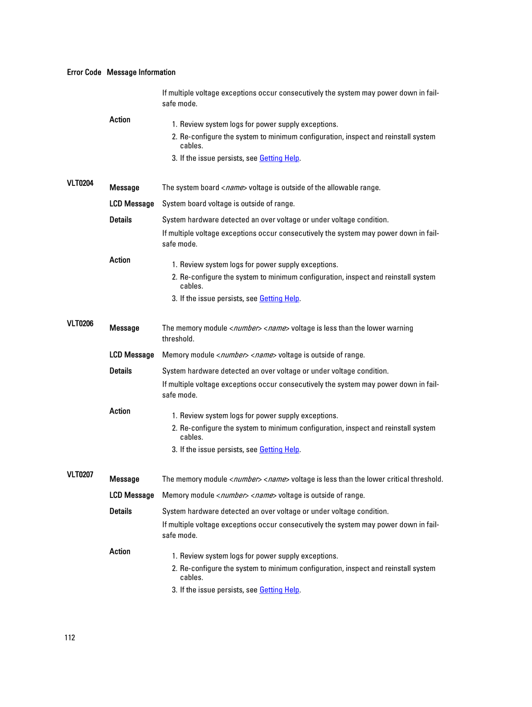 Dell QHB owner manual VLT0204 Message, VLT0206 Message, VLT0207 Message 