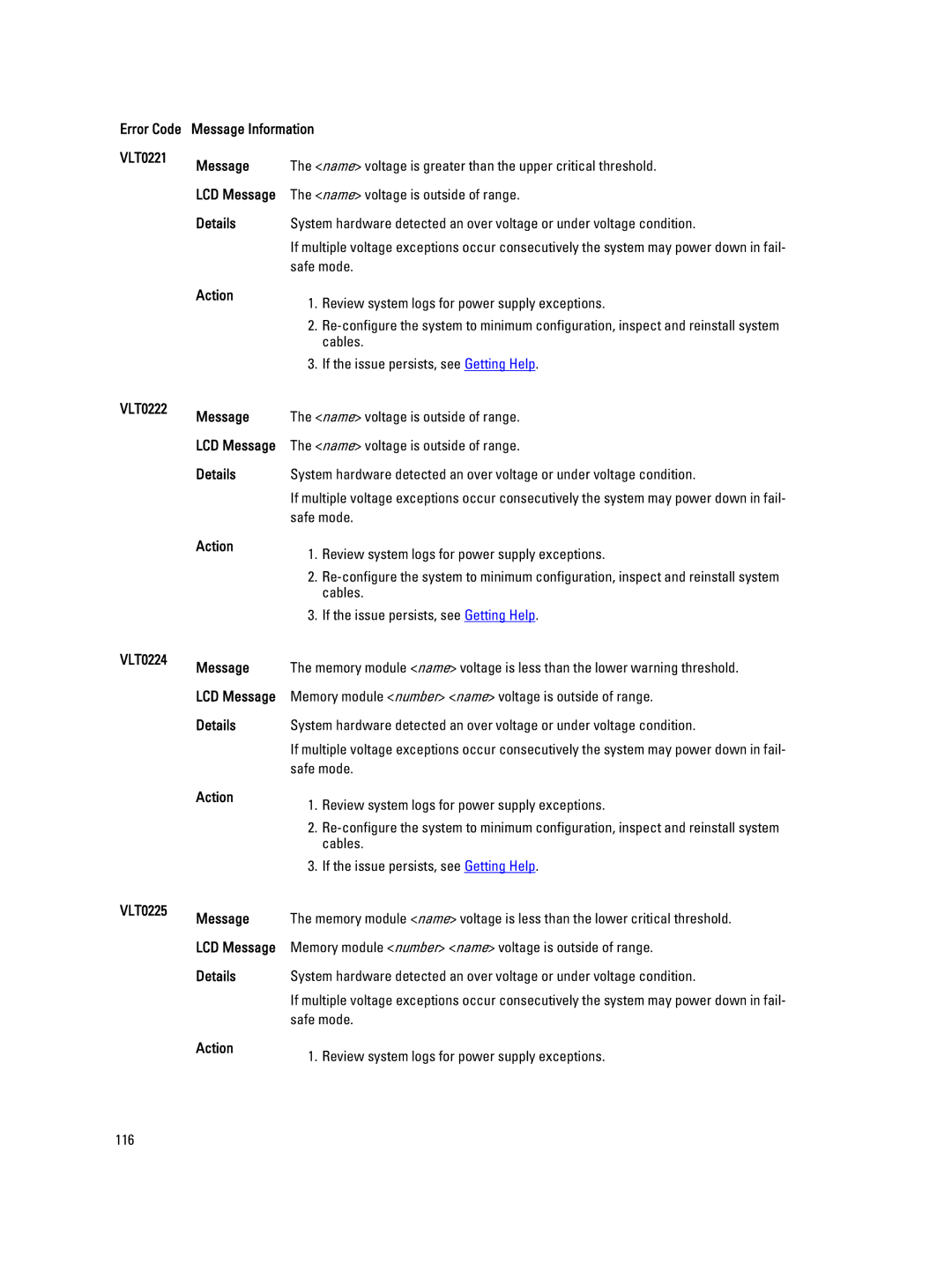 Dell QHB owner manual Error Code Message Information VLT0221, VLT0222 Message, VLT0224 Message, VLT0225 Message 