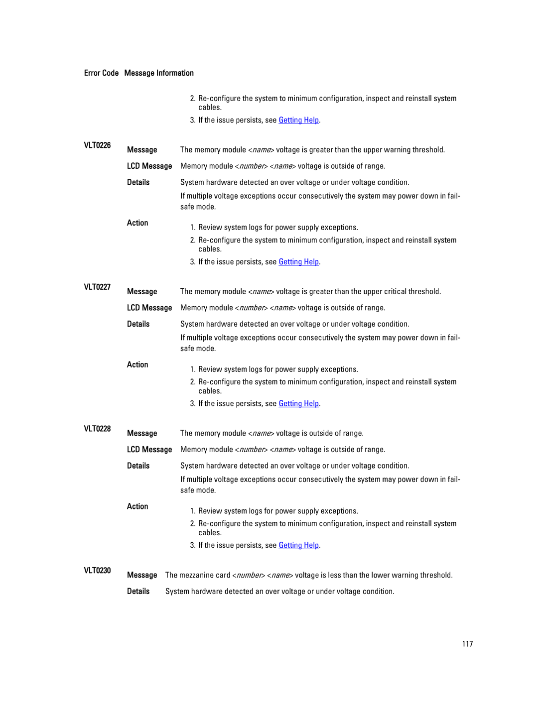 Dell QHB owner manual VLT0226 Message, VLT0227 Message, VLT0228 Message, VLT0230 Message 