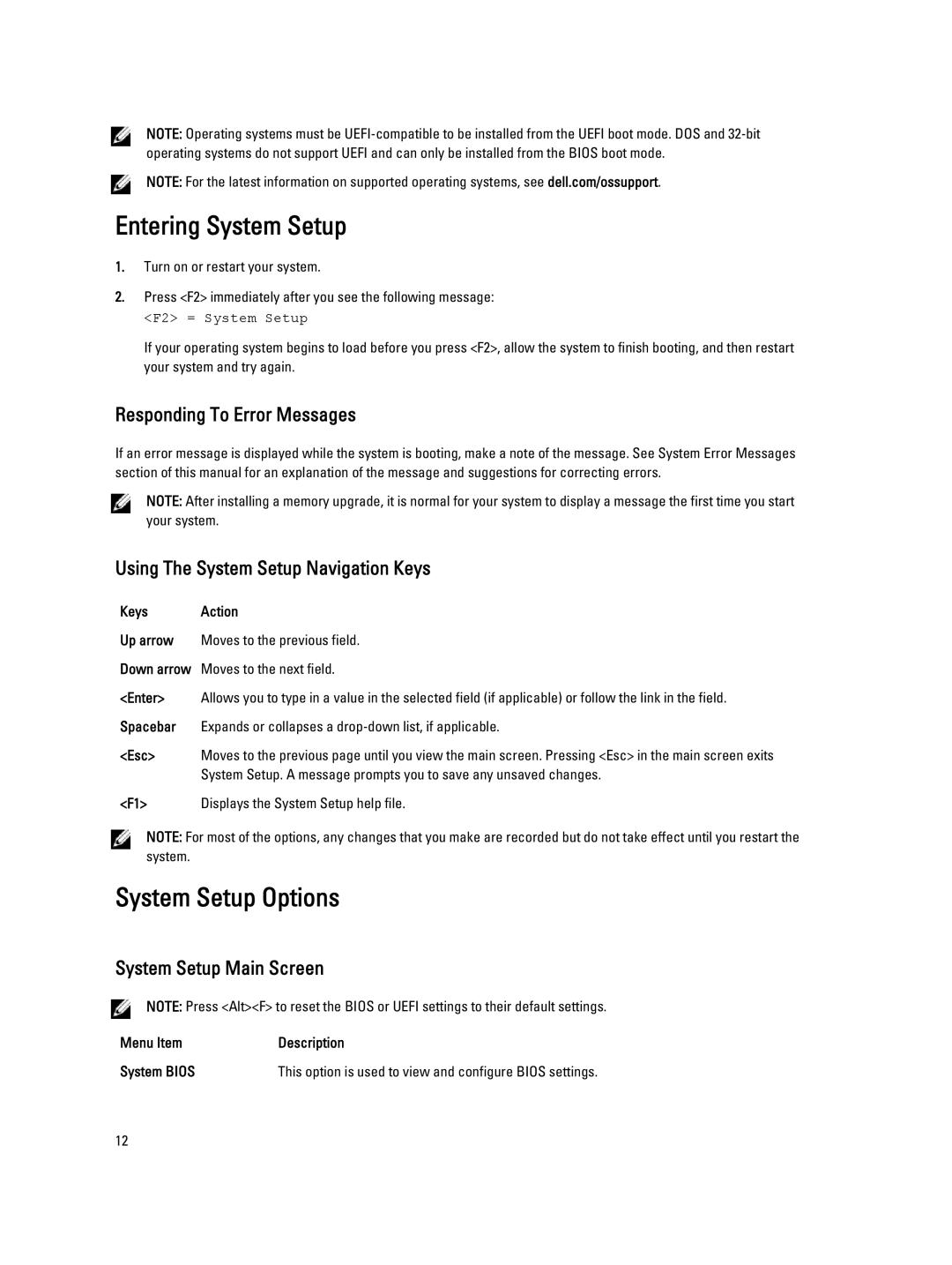 Dell QHB Entering System Setup, System Setup Options, Responding To Error Messages, Using The System Setup Navigation Keys 