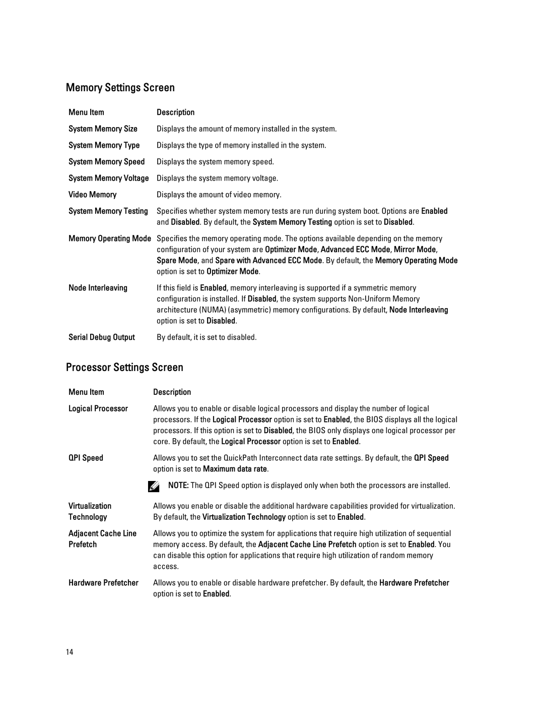 Dell QHB owner manual Memory Settings Screen, Processor Settings Screen 