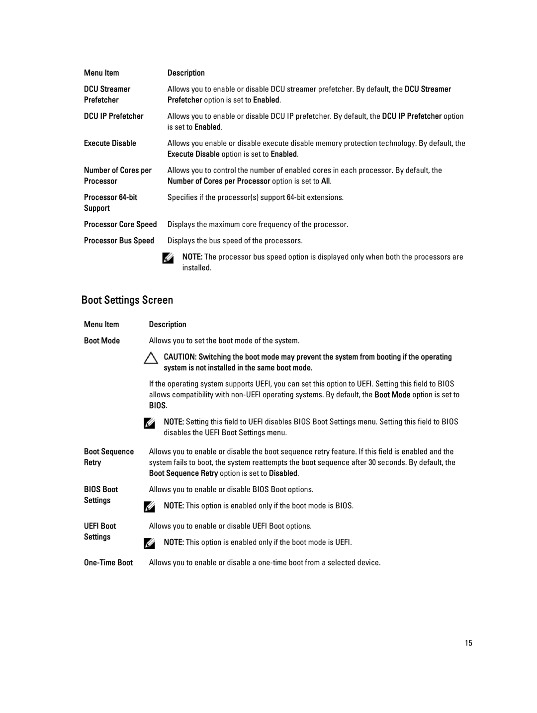 Dell QHB owner manual Boot Settings Screen 