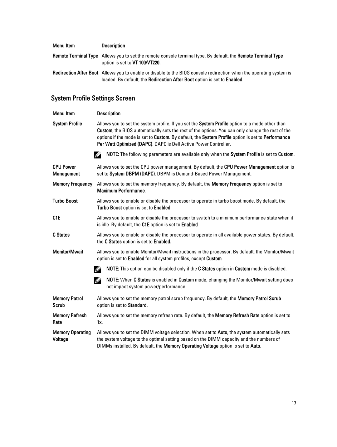 Dell QHB owner manual System Profile Settings Screen 