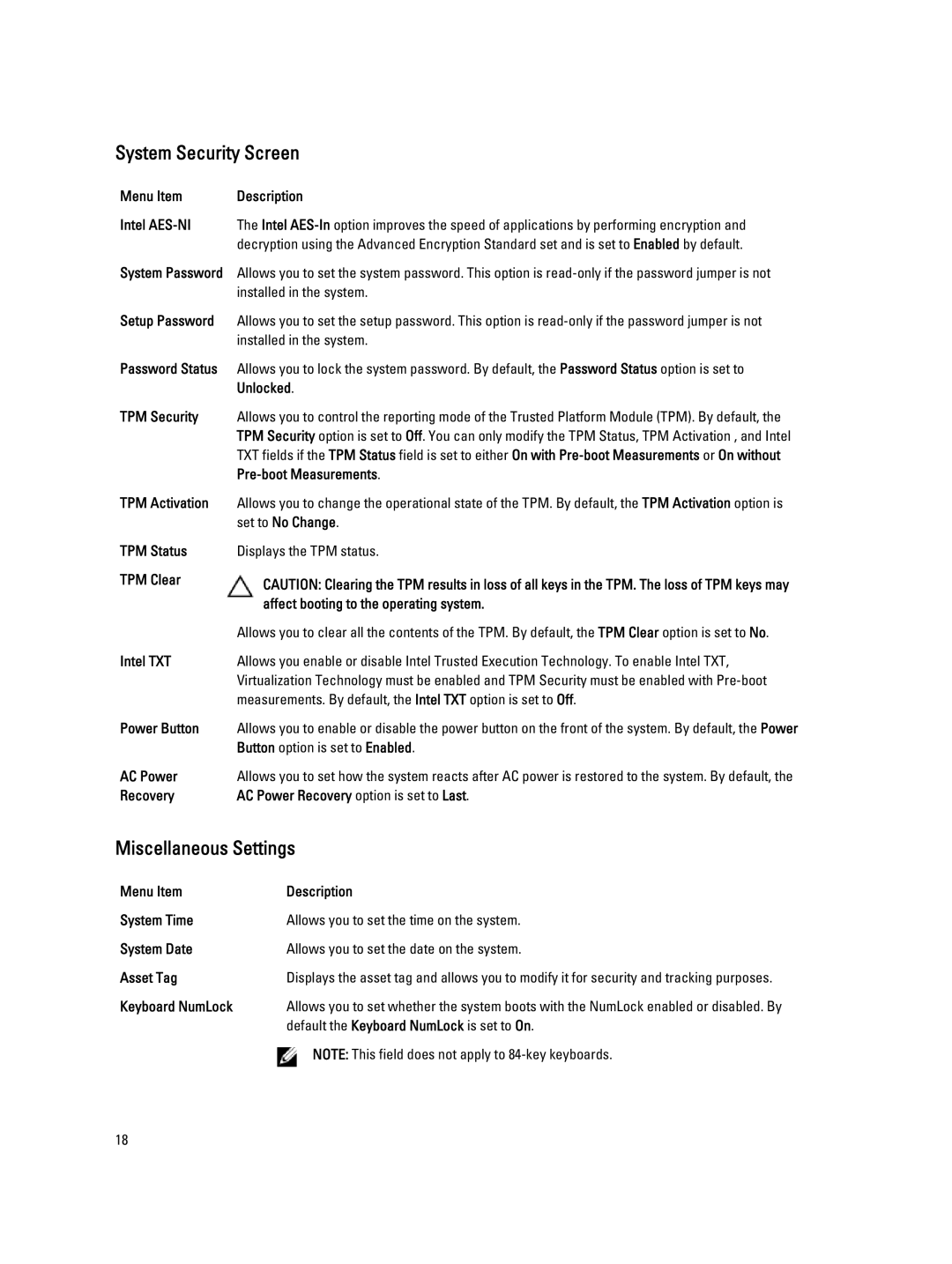 Dell QHB owner manual System Security Screen, Miscellaneous Settings 