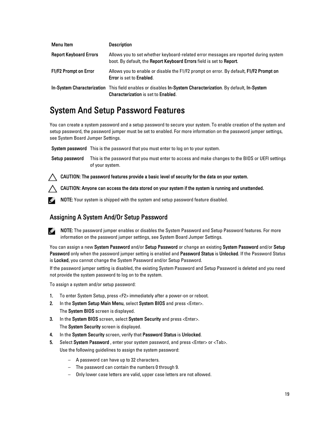 Dell QHB owner manual System And Setup Password Features, Assigning a System And/Or Setup Password 