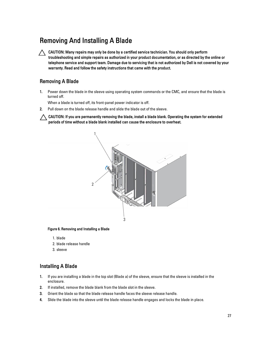 Dell QHB owner manual Removing And Installing a Blade, Removing a Blade 