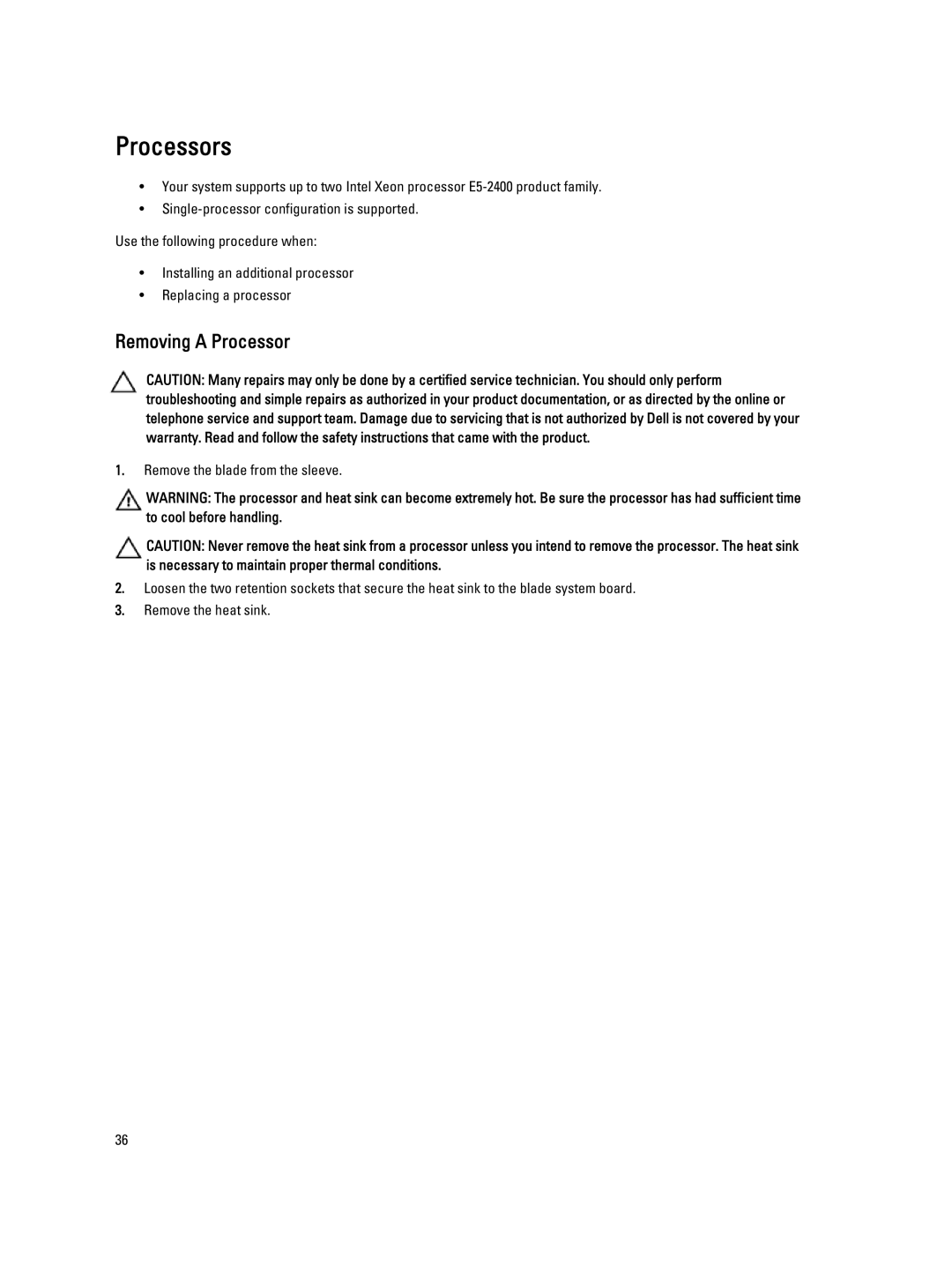 Dell QHB owner manual Processors, Removing a Processor 