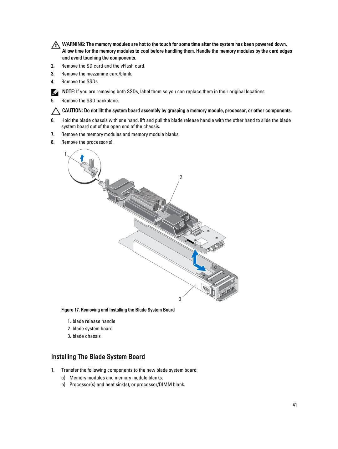 Dell QHB owner manual Installing The Blade System Board, Removing and Installing the Blade System Board 