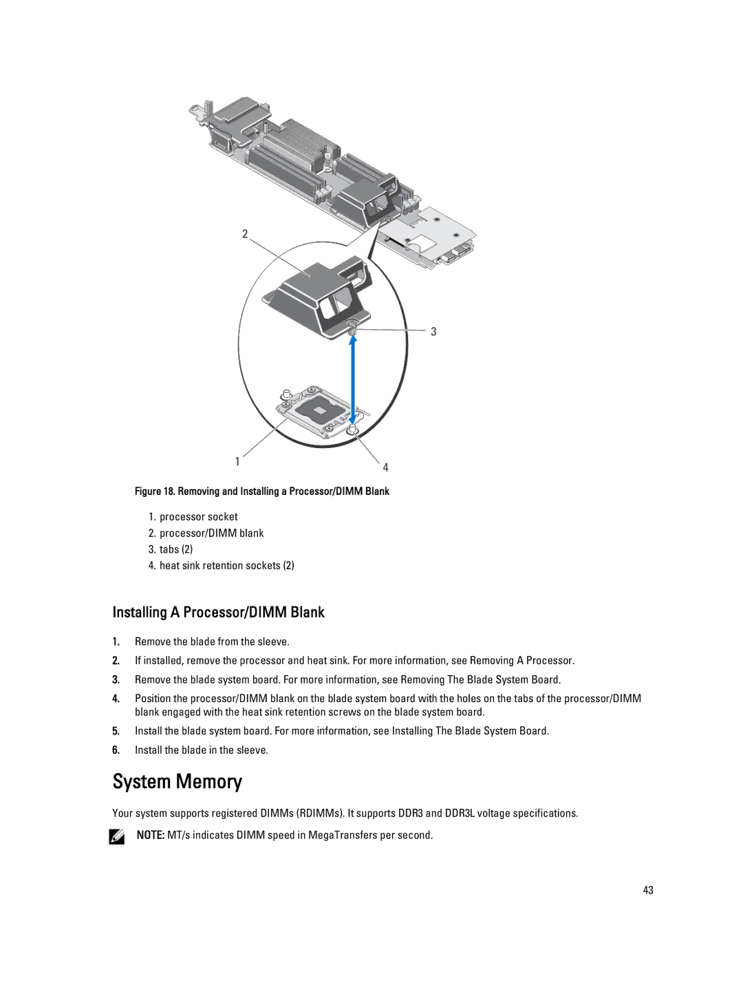 Dell QHB owner manual System Memory, Installing a Processor/DIMM Blank 