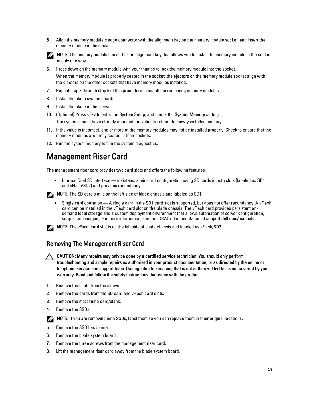 Dell QHB owner manual Removing The Management Riser Card 