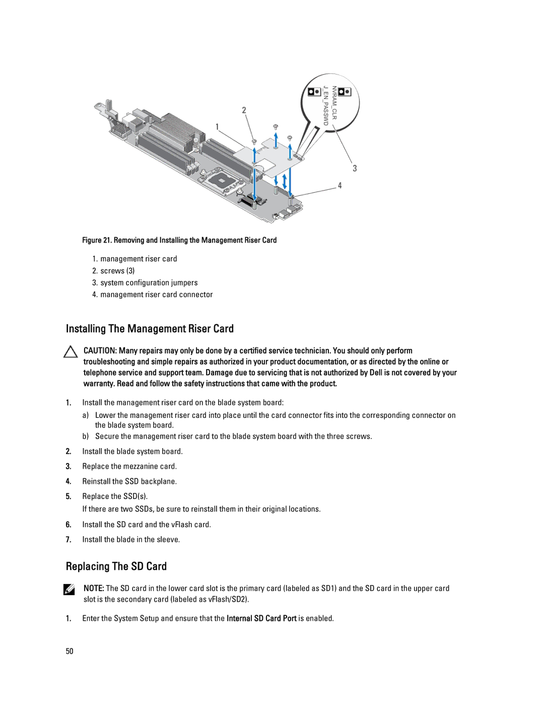 Dell QHB owner manual Installing The Management Riser Card, Replacing The SD Card 