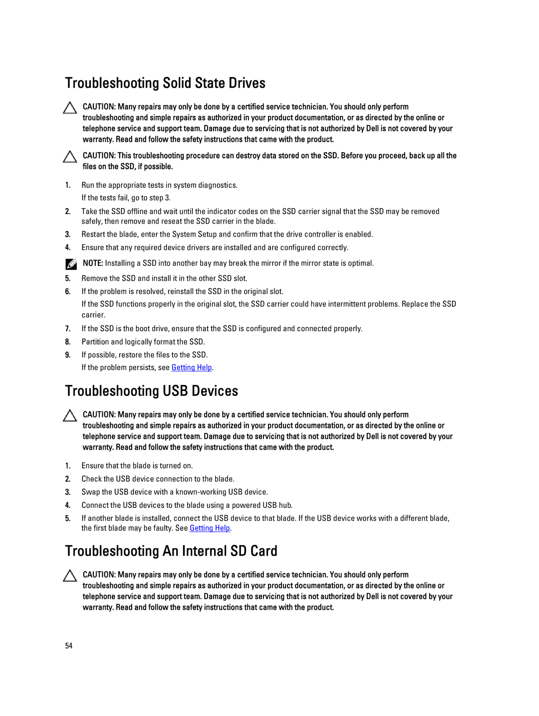 Dell QHB owner manual Troubleshooting Solid State Drives, Troubleshooting USB Devices, Troubleshooting An Internal SD Card 