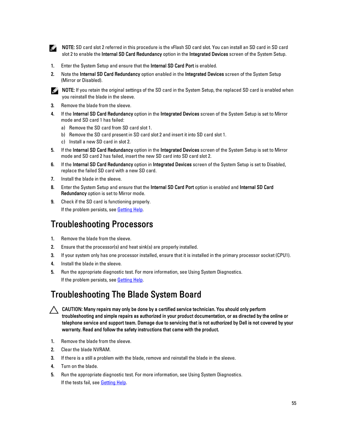 Dell QHB owner manual Troubleshooting Processors, Troubleshooting The Blade System Board 