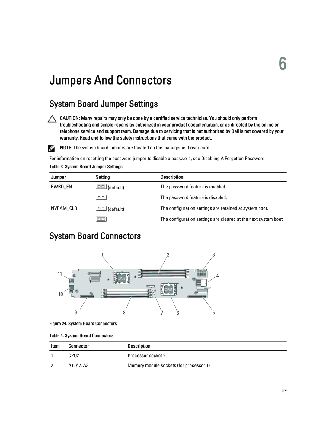 Dell QHB owner manual System Board Jumper Settings, System Board Connectors, Connector Description 