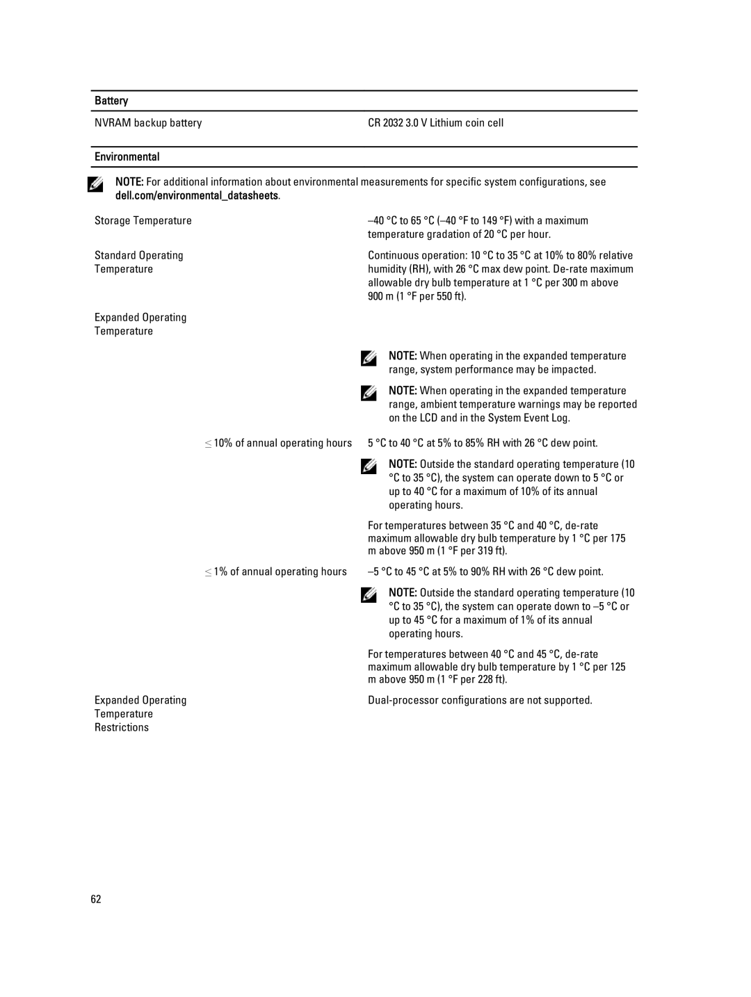 Dell QHB owner manual Battery, Environmental 