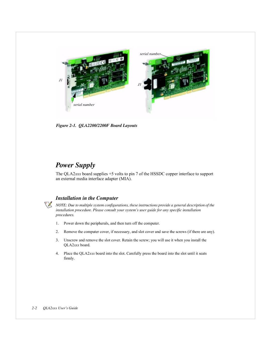 Dell QLA2200, 2200F manual Power Supply, Installation in the Computer 