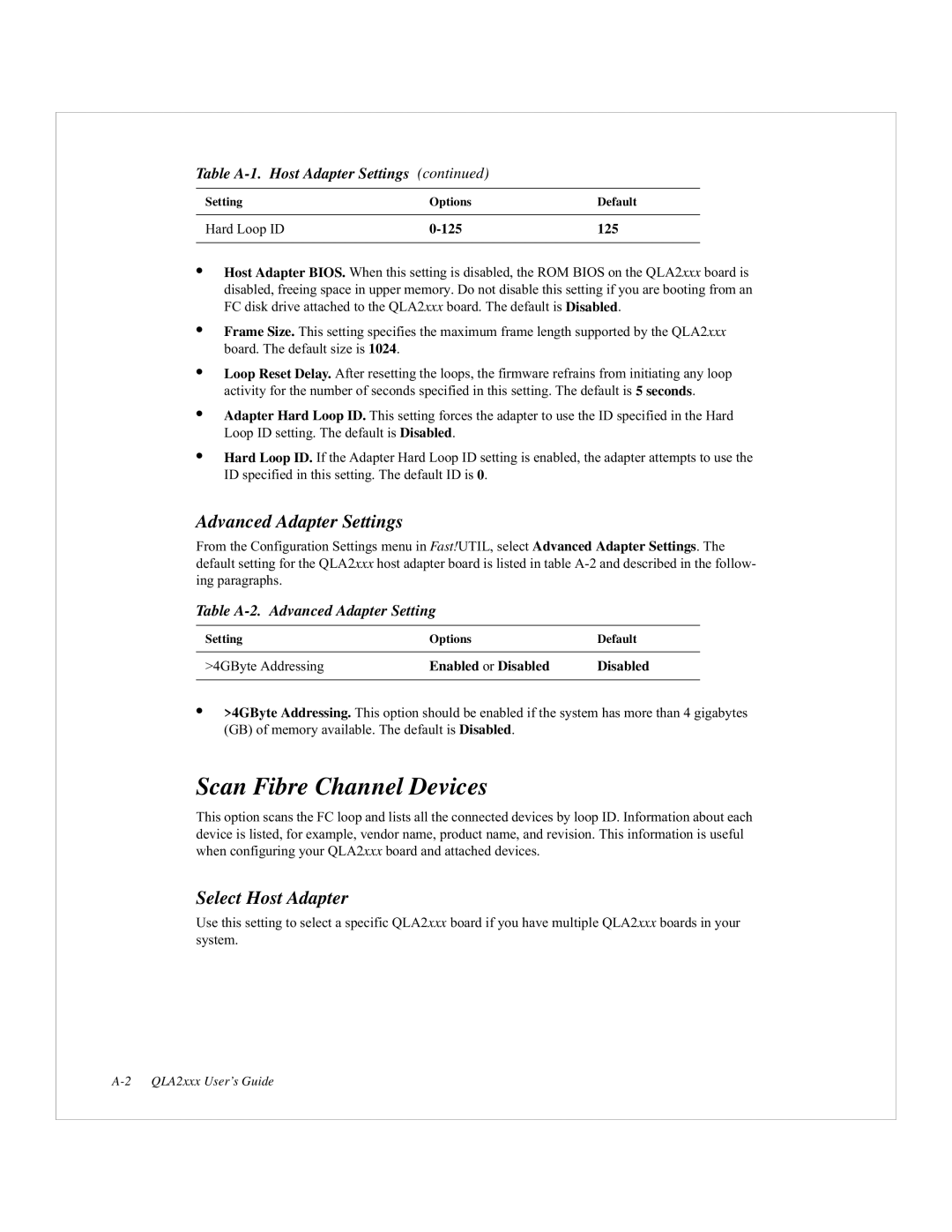 Dell QLA2200, 2200F manual Scan Fibre Channel Devices, Advanced Adapter Settings, Select Host Adapter 