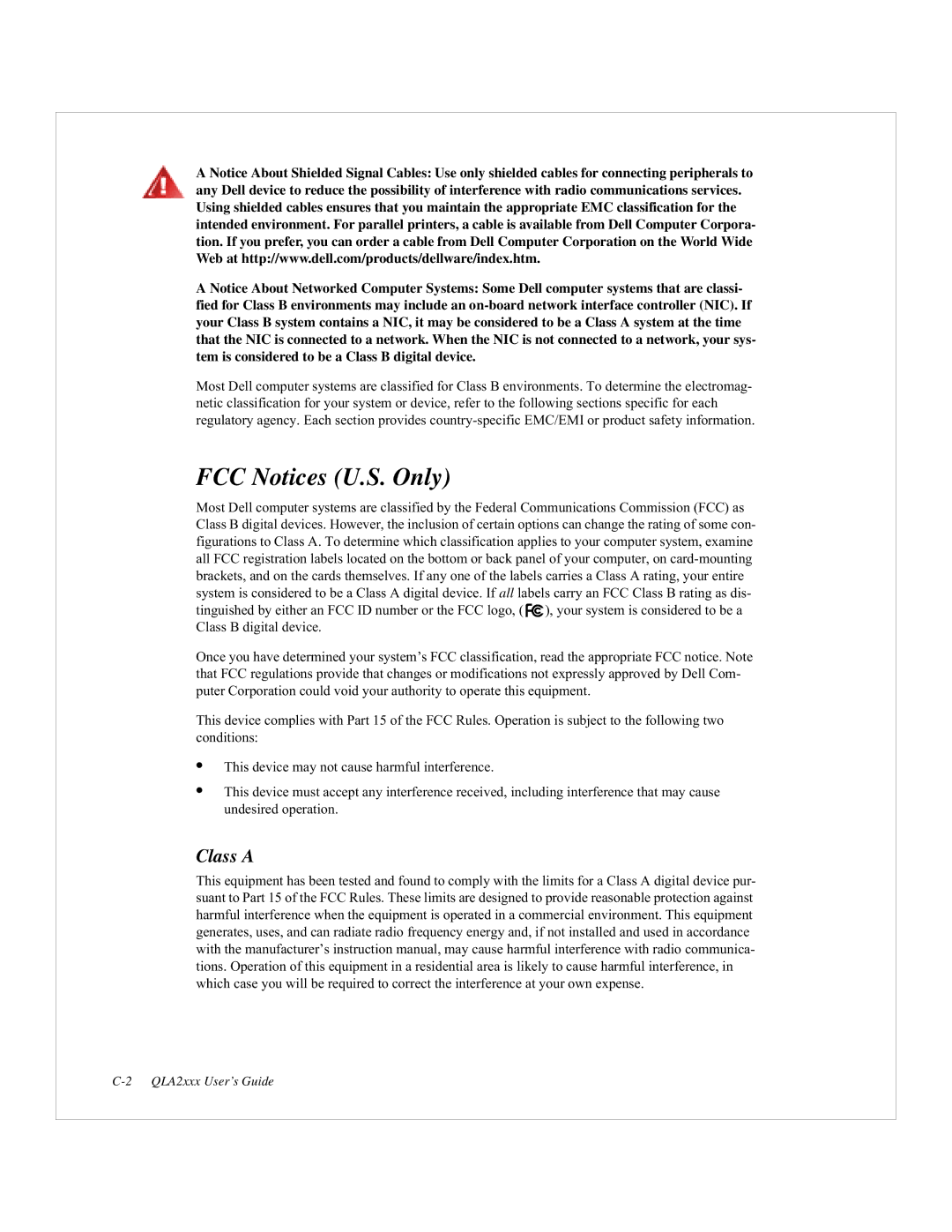 Dell QLA2200, 2200F manual FCC Notices U.S. Only, Class a 