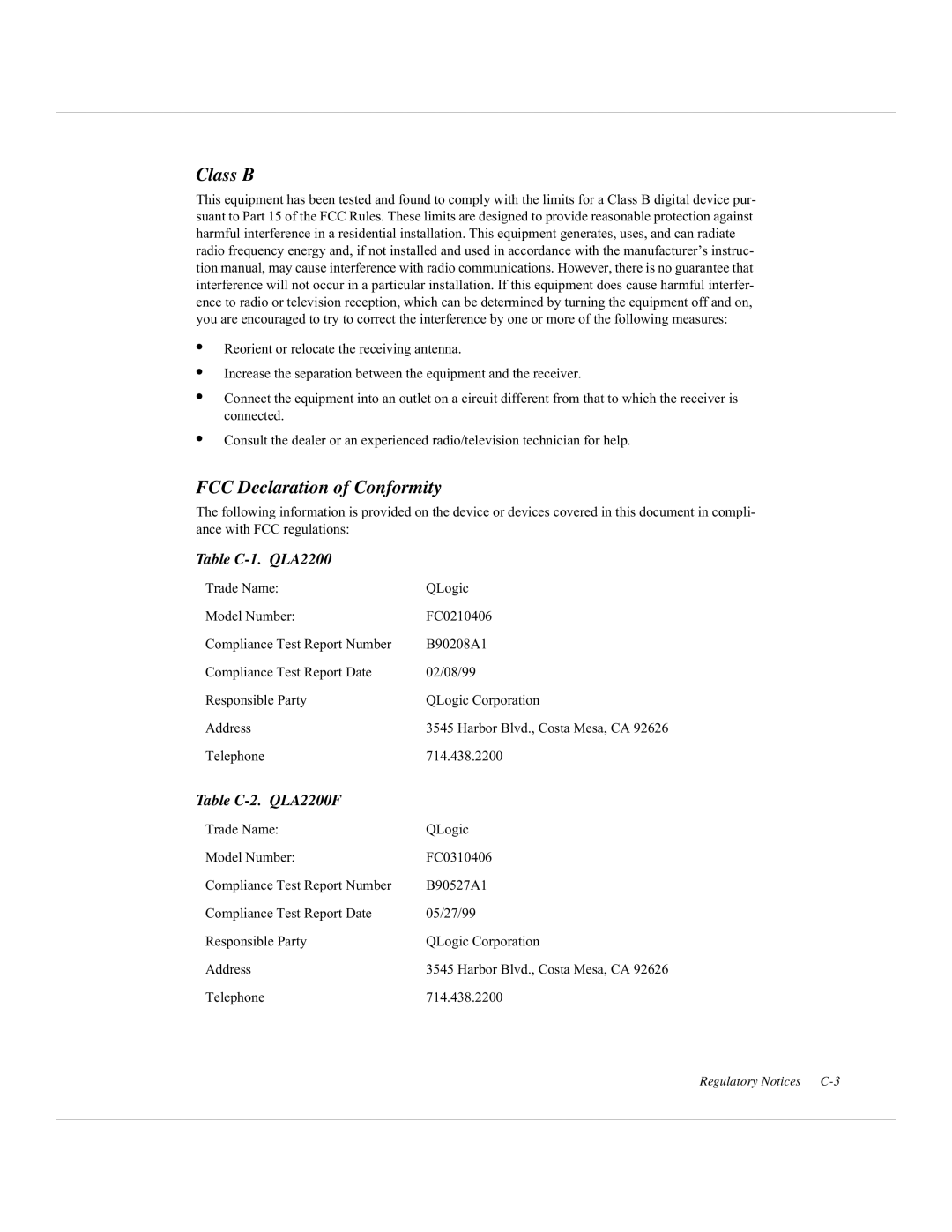 Dell 2200F, QLA2200 manual Class B, FCC Declaration of Conformity 