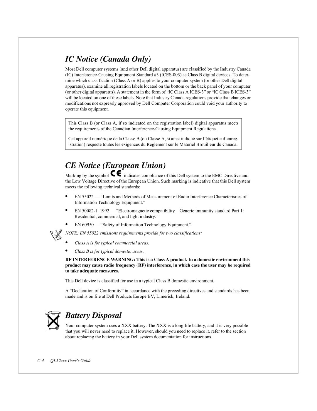 Dell QLA2200, 2200F manual IC Notice Canada Only, CE Notice European Union, Battery Disposal 