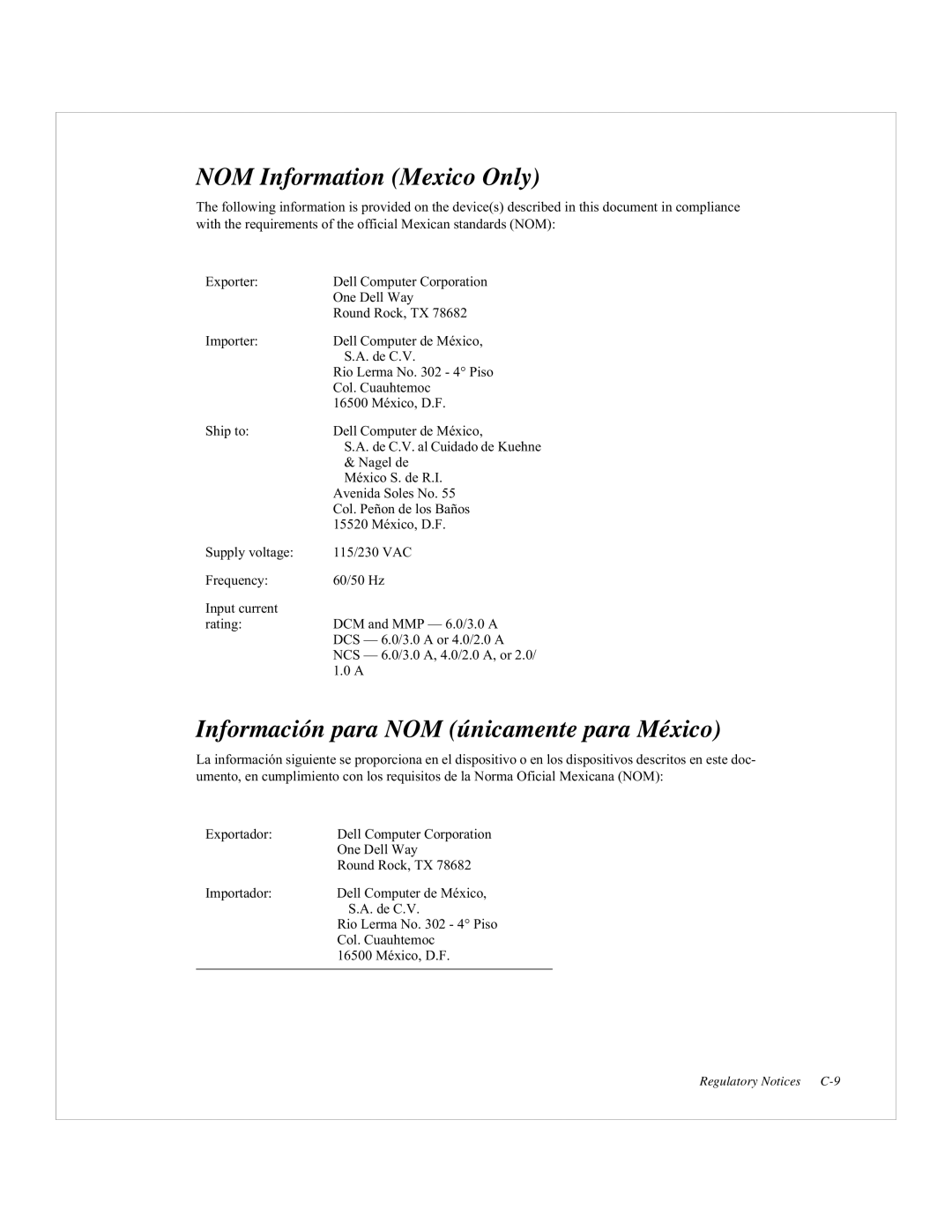 Dell 2200F, QLA2200 manual NOM Information Mexico Only, Información para NOM únicamente para México 