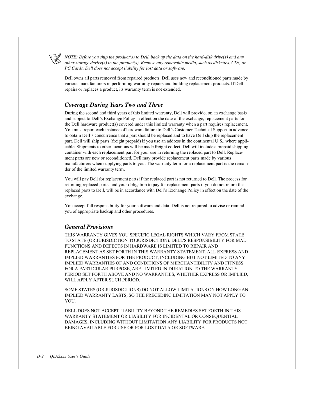 Dell QLA2200, 2200F manual Coverage During Years Two and Three, General Provisions 