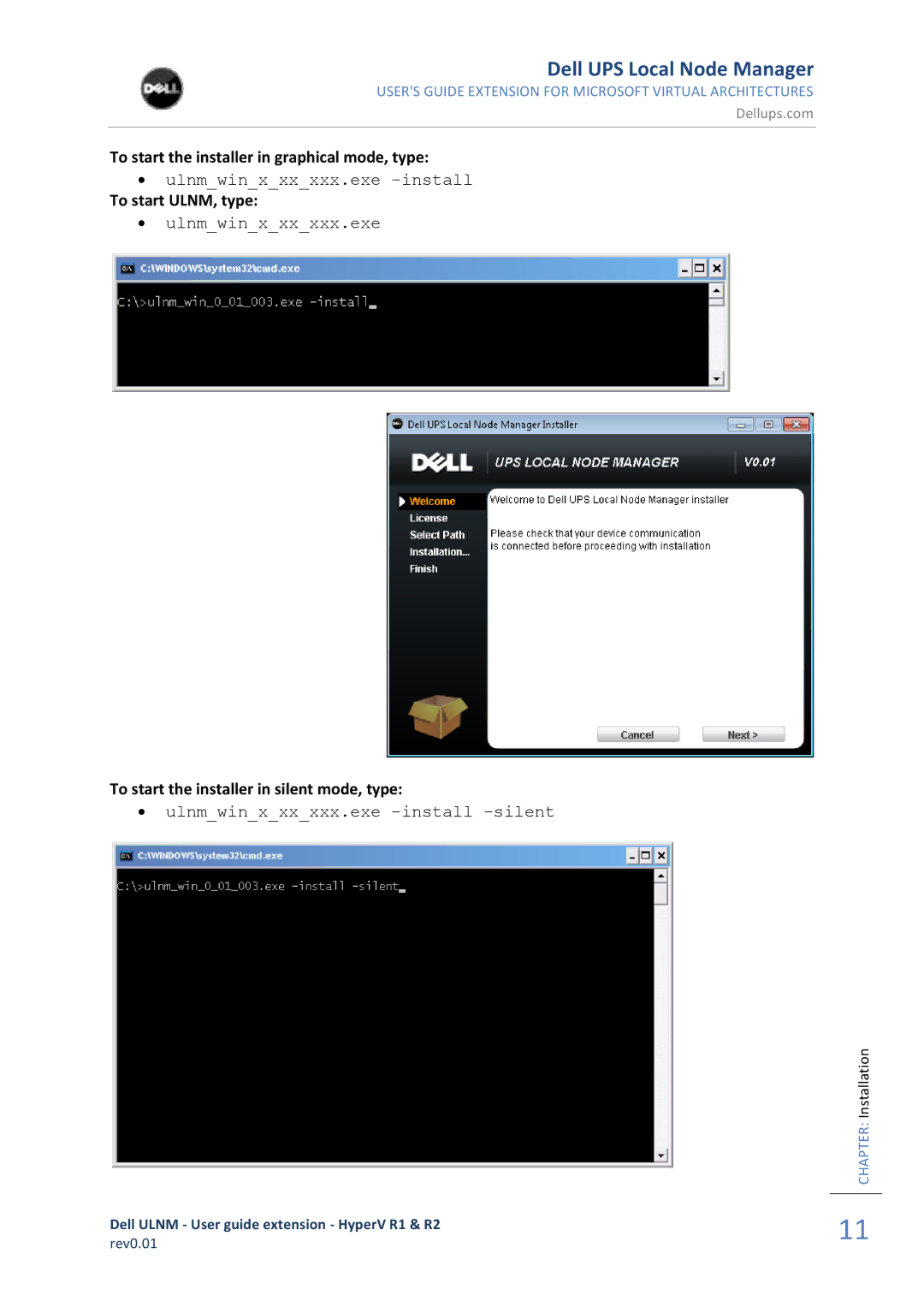 Dell HYPERV R1, R2 REV0.01 manual To start the installer in graphical mode, type, To start ULNM, type 