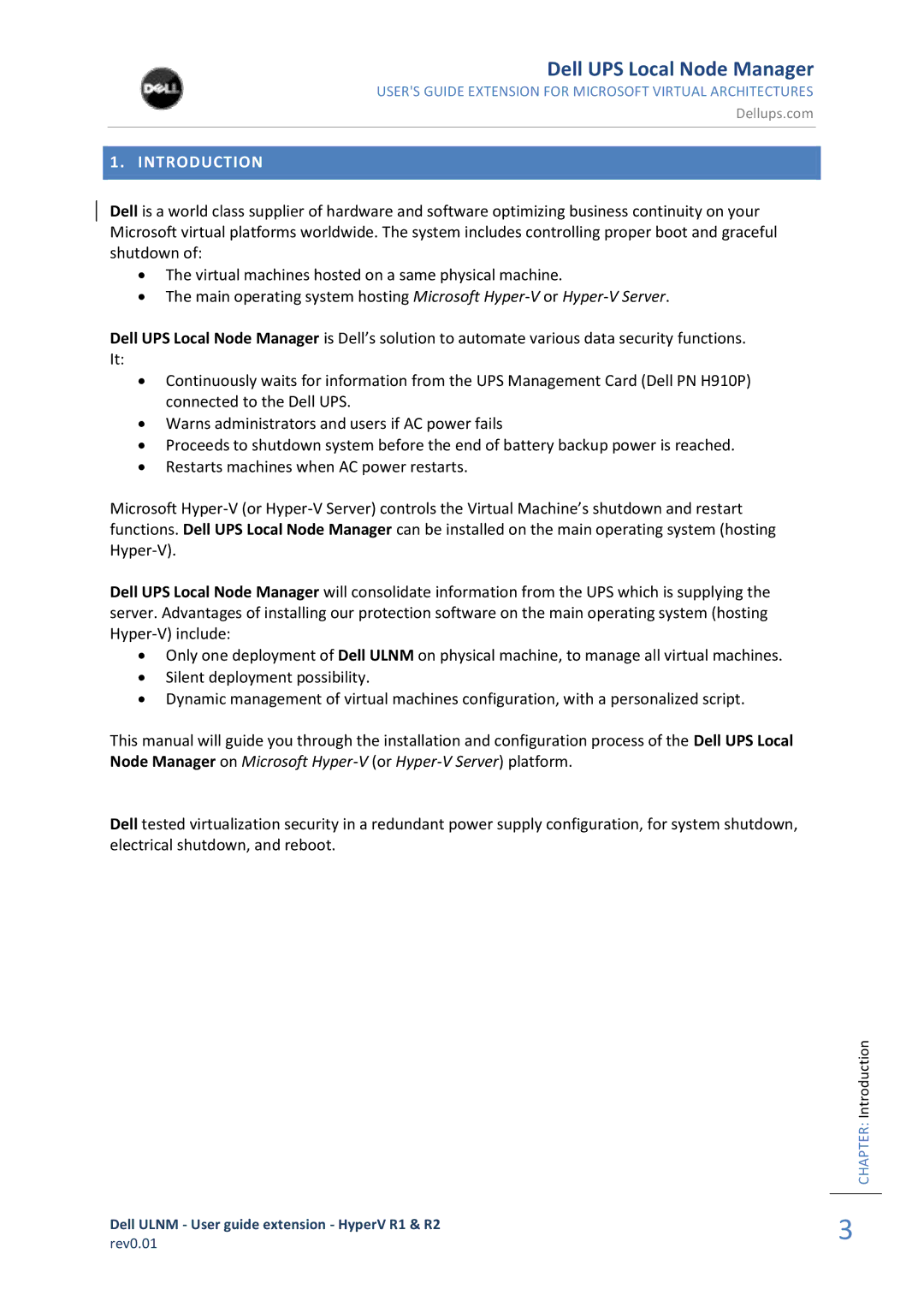 Dell HYPERV R1, R2 REV0.01 manual Introduction 