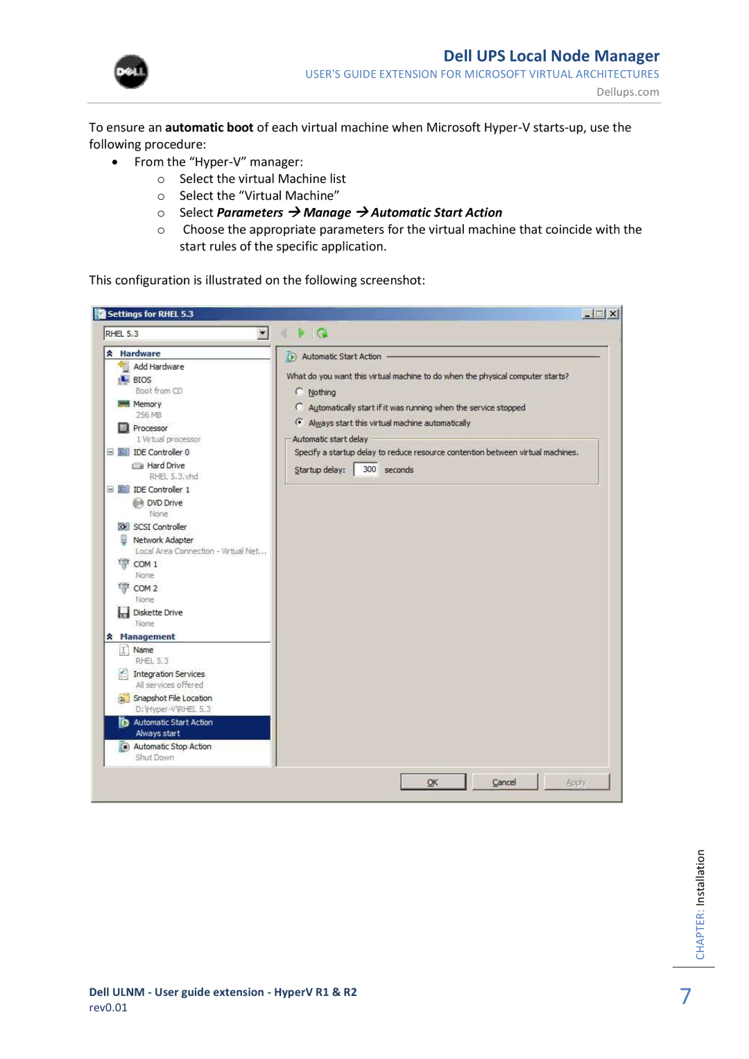 Dell HYPERV R1, R2 REV0.01 manual Select Parameters  Manage  Automatic Start Action 