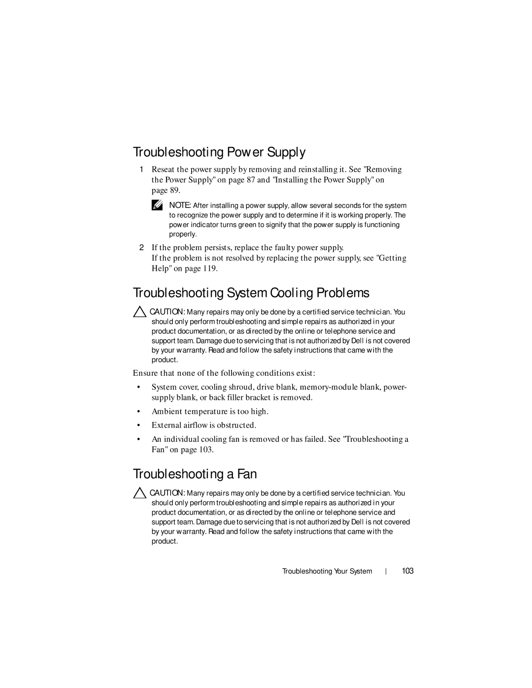 Dell R210 II owner manual Troubleshooting Power Supply, Troubleshooting System Cooling Problems, Troubleshooting a Fan, 103 