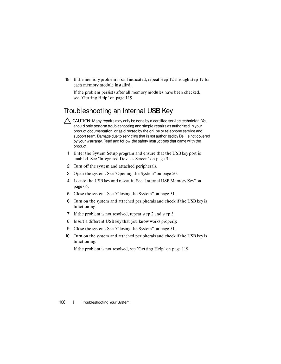 Dell R210 II owner manual Troubleshooting an Internal USB Key, 106 