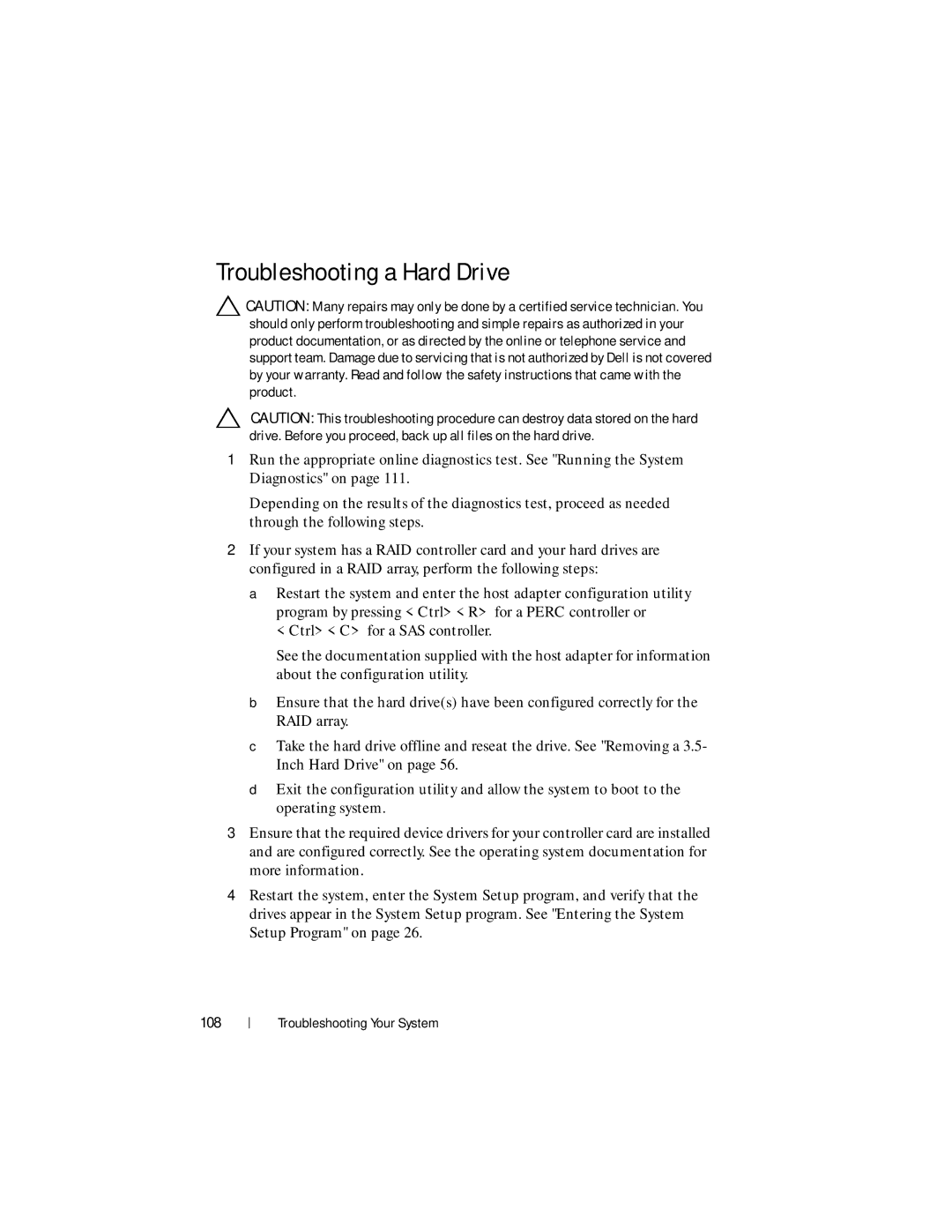 Dell R210 II owner manual Troubleshooting a Hard Drive, 108 