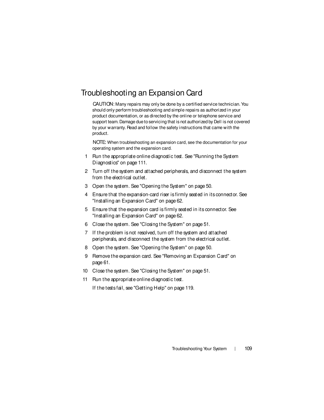 Dell R210 II owner manual Troubleshooting an Expansion Card, 109 