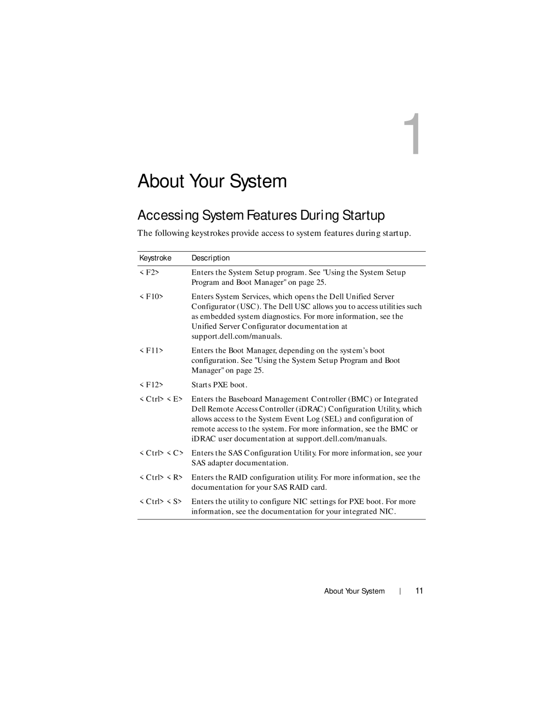 Dell R210 II owner manual Accessing System Features During Startup, Keystroke Description 