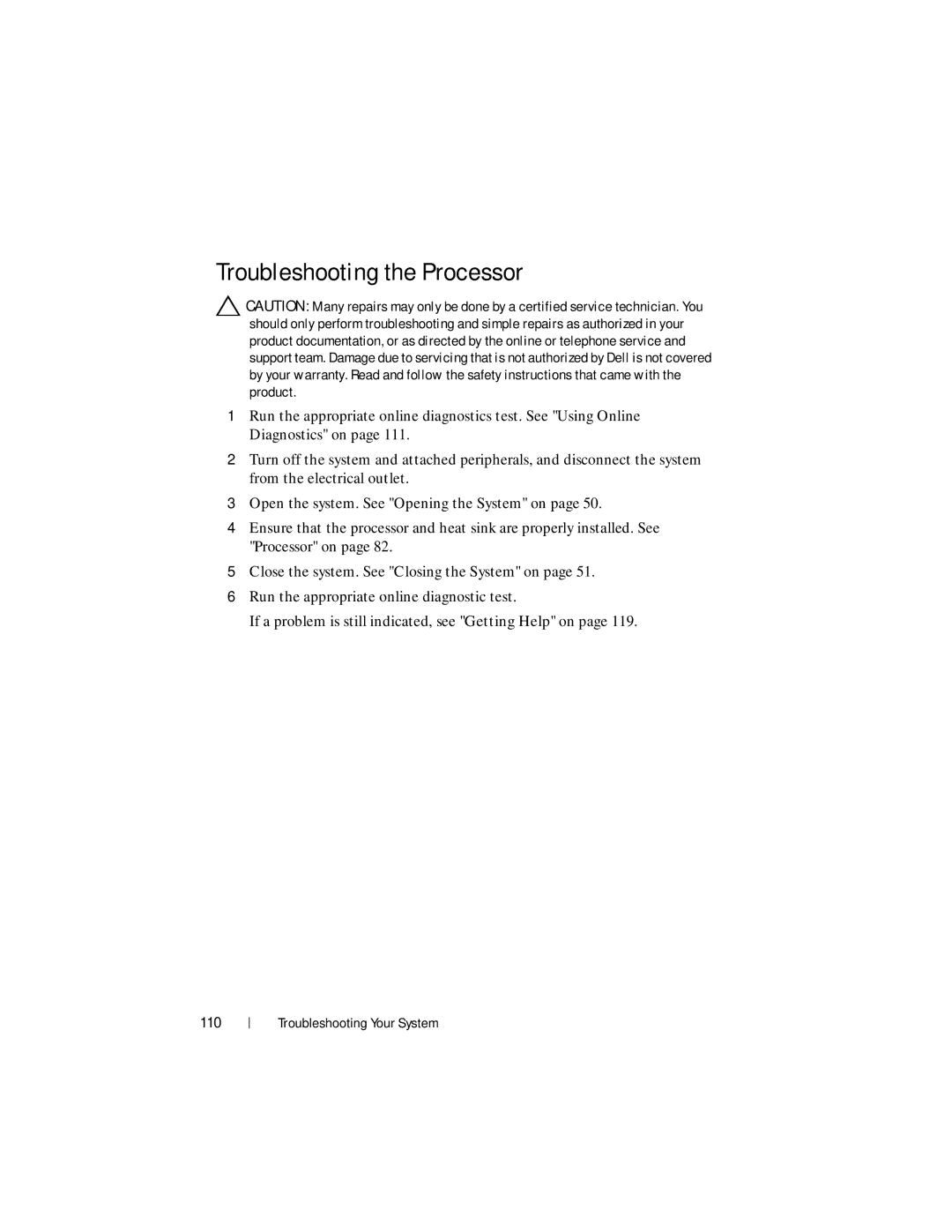 Dell R210 II owner manual Troubleshooting the Processor, 110 