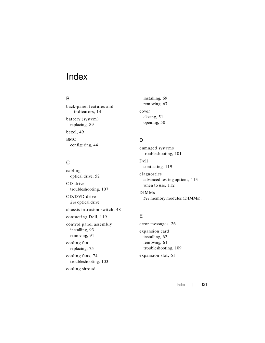 Dell R210 II owner manual Index, 121 