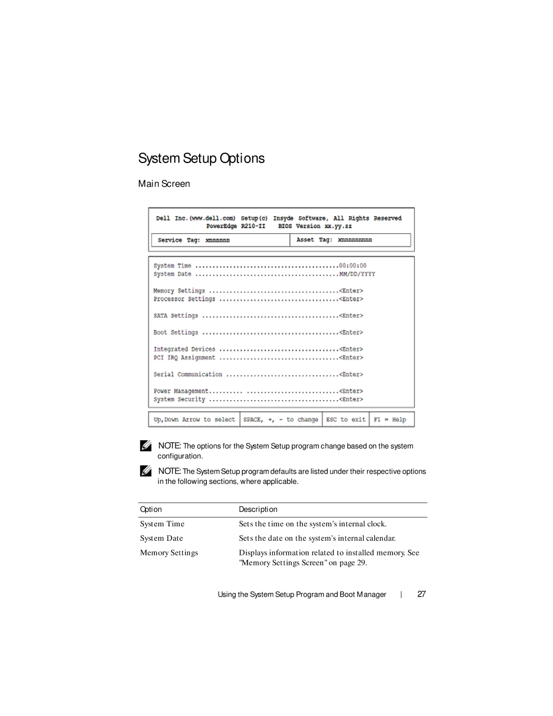 Dell R210 II owner manual System Setup Options, Main Screen, Option Description 