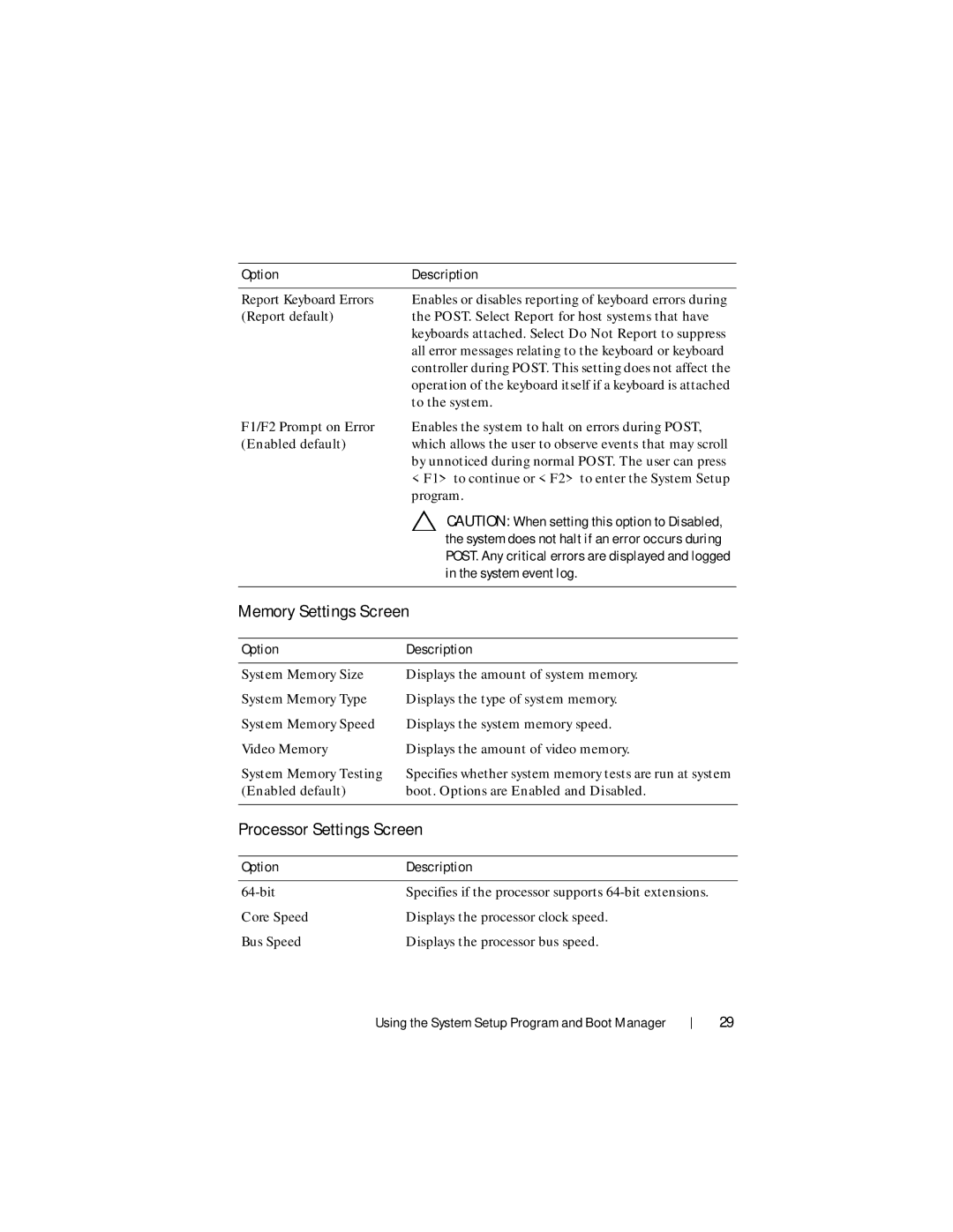 Dell R210 II owner manual Memory Settings Screen, Processor Settings Screen, System event log 