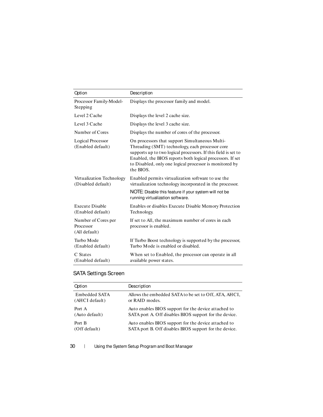 Dell R210 II owner manual Sata Settings Screen, Running virtualization software 