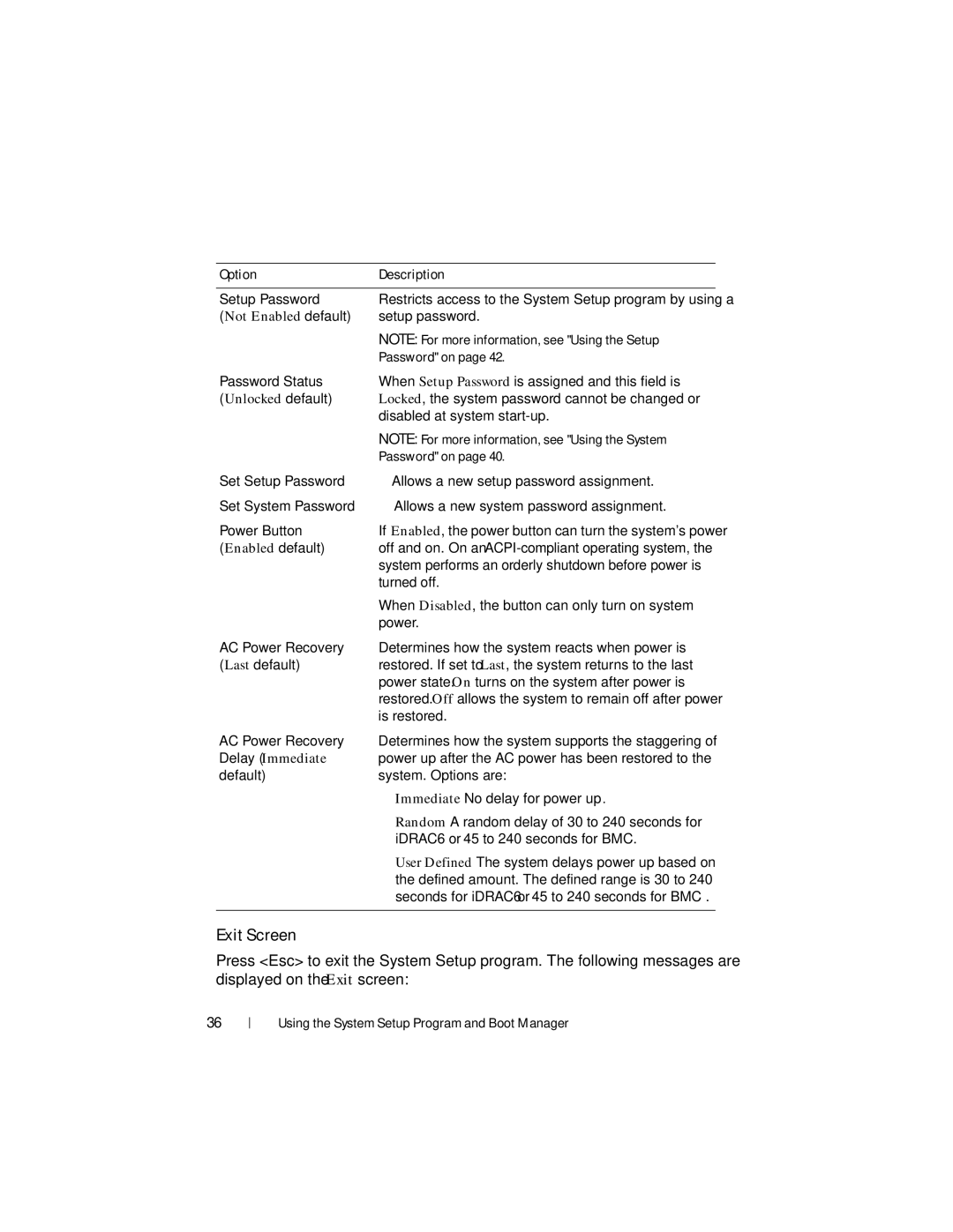 Dell R210 II owner manual Exit Screen, Delay Immediate 