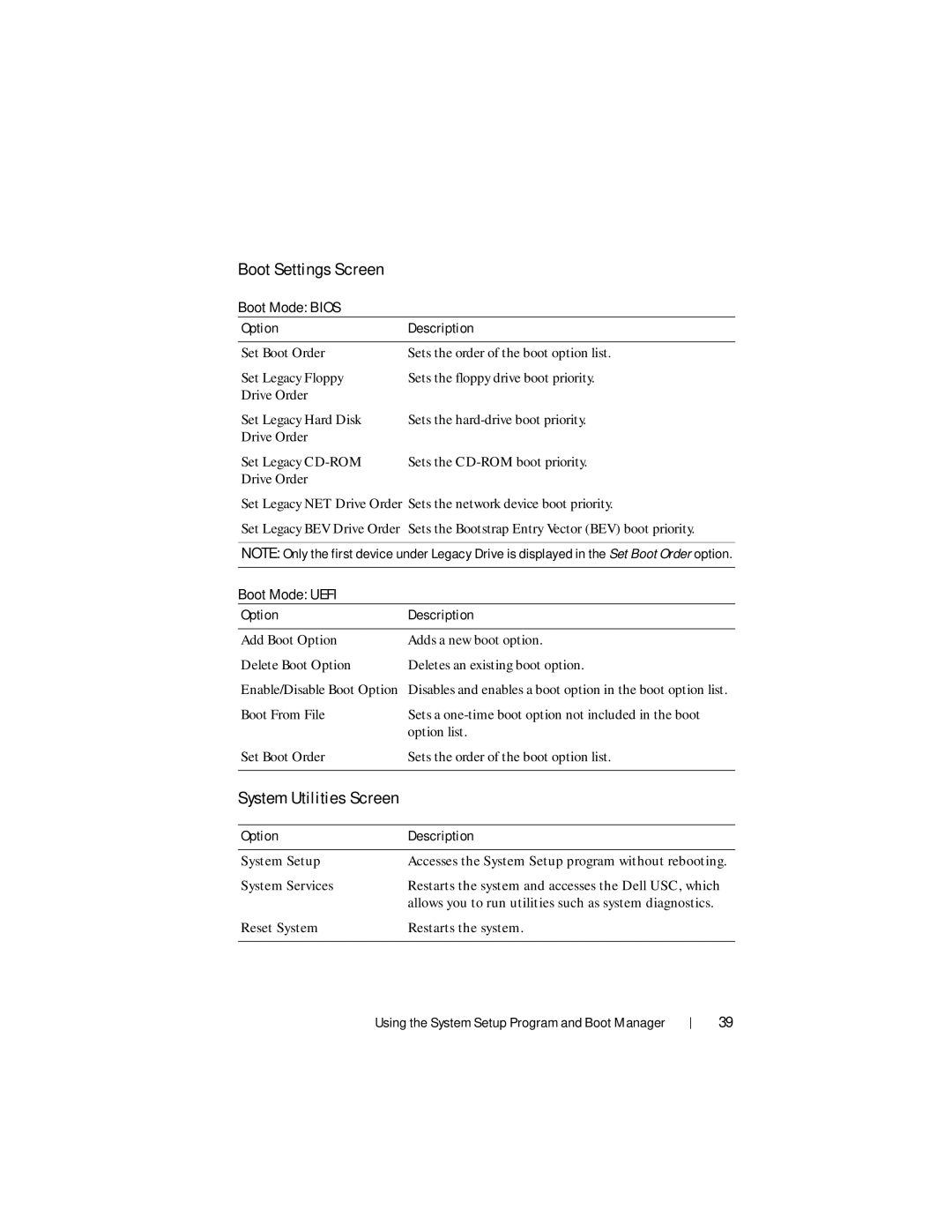 Dell R210 II owner manual Boot Settings Screen, System Utilities Screen, Boot Mode Bios, Boot Mode Uefi 