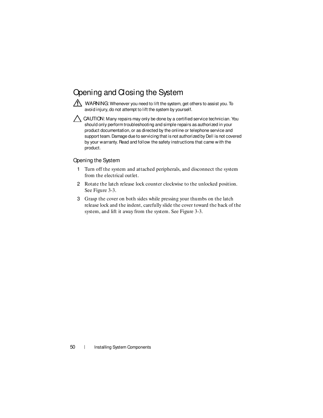 Dell R210 II owner manual Opening and Closing the System, Opening the System 