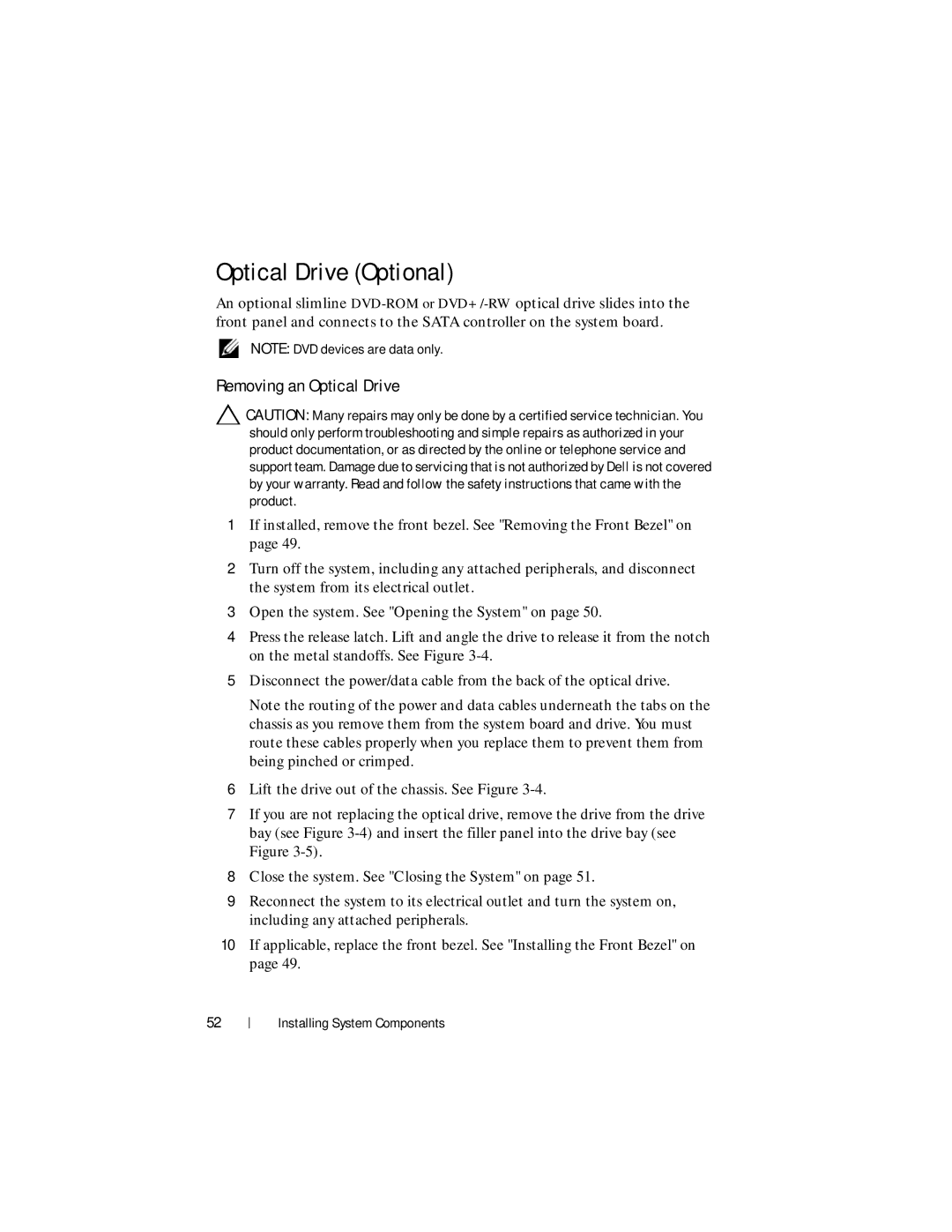 Dell R210 II owner manual Optical Drive Optional, Removing an Optical Drive 