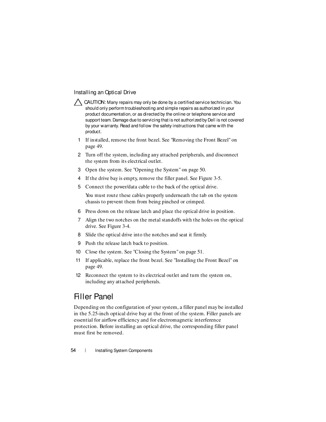 Dell R210 II owner manual Filler Panel, Installing an Optical Drive 