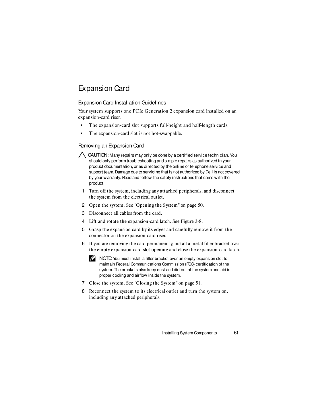 Dell R210 II owner manual Expansion Card Installation Guidelines, Removing an Expansion Card 