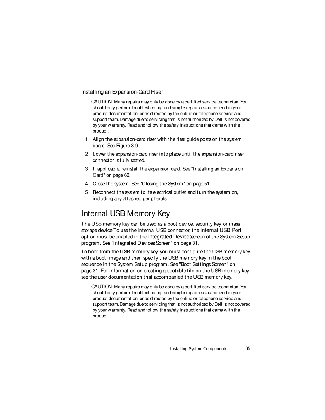 Dell R210 II owner manual Internal USB Memory Key, Installing an Expansion-Card Riser 