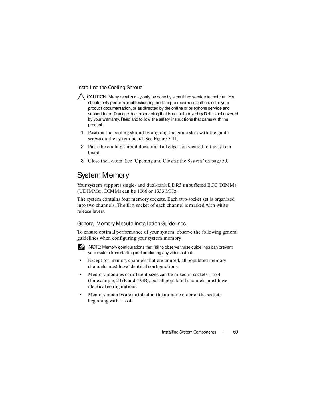 Dell R210 II owner manual System Memory, Installing the Cooling Shroud, General Memory Module Installation Guidelines 