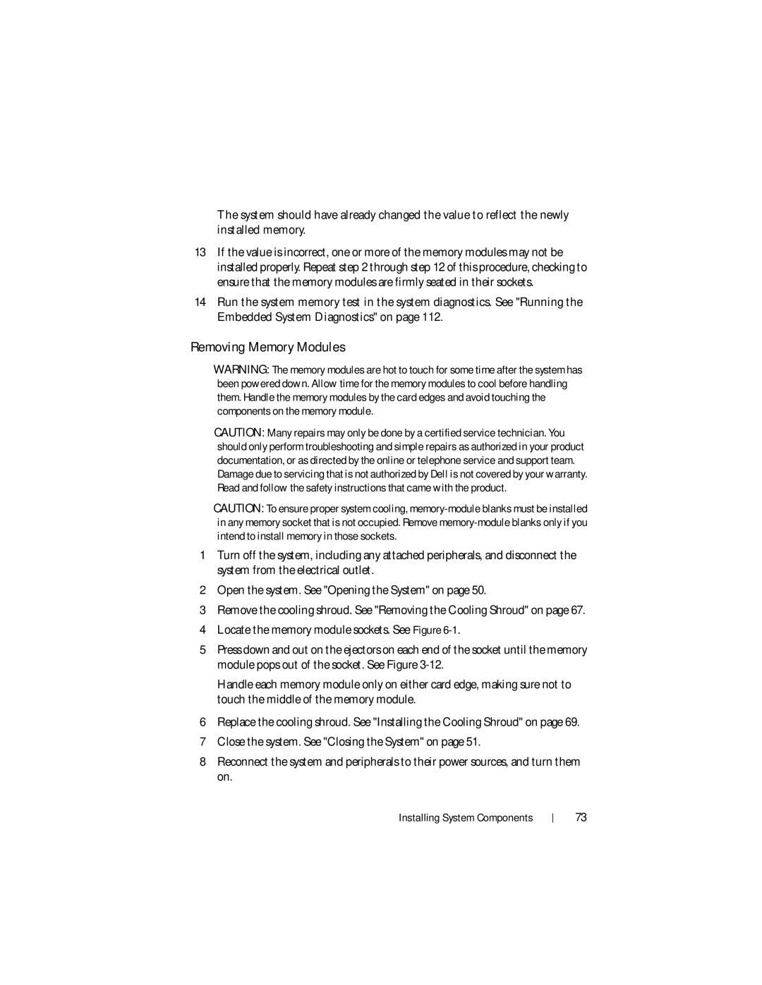 Dell R210 II owner manual Removing Memory Modules 