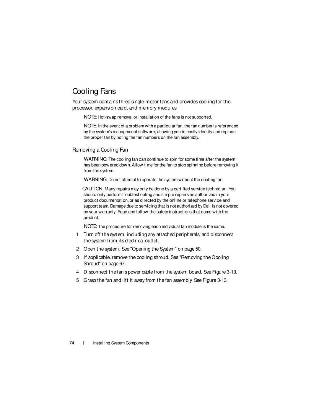 Dell R210 II owner manual Cooling Fans, Removing a Cooling Fan 